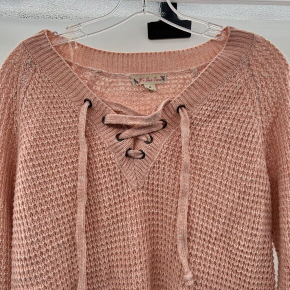 It's Our Time Women's Knit Pullover Sweater Lace Up Neck Long Sleeve Pink Medium - Picture 2 of 9